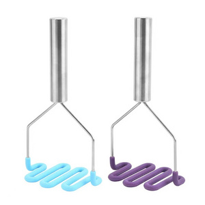 Promotional Imprinted Logo Custom rotects Non-Scratch Cookware Stainless Steel Handle Silicone Coated Potato Masher