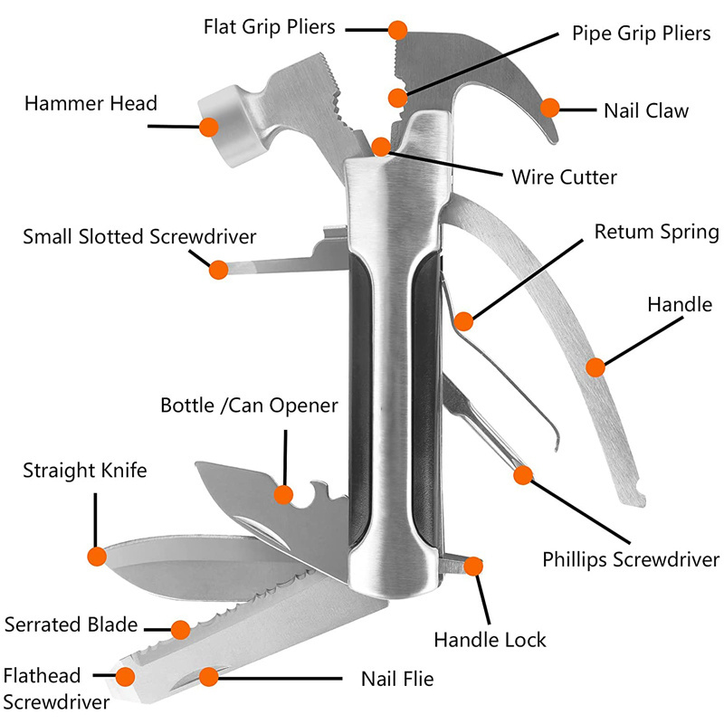 Hot sale outdoor camping accessories mini size 14 in 1 claw hammer multi tool for men