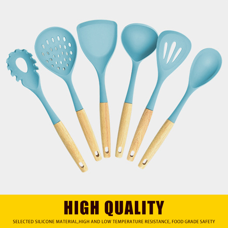 Japanese Style Kitchen Cooking Utensils Set 6 pcs Non-Stick Utensils Turner Set with Wooden Handle Silicone Kitchen Gadgets