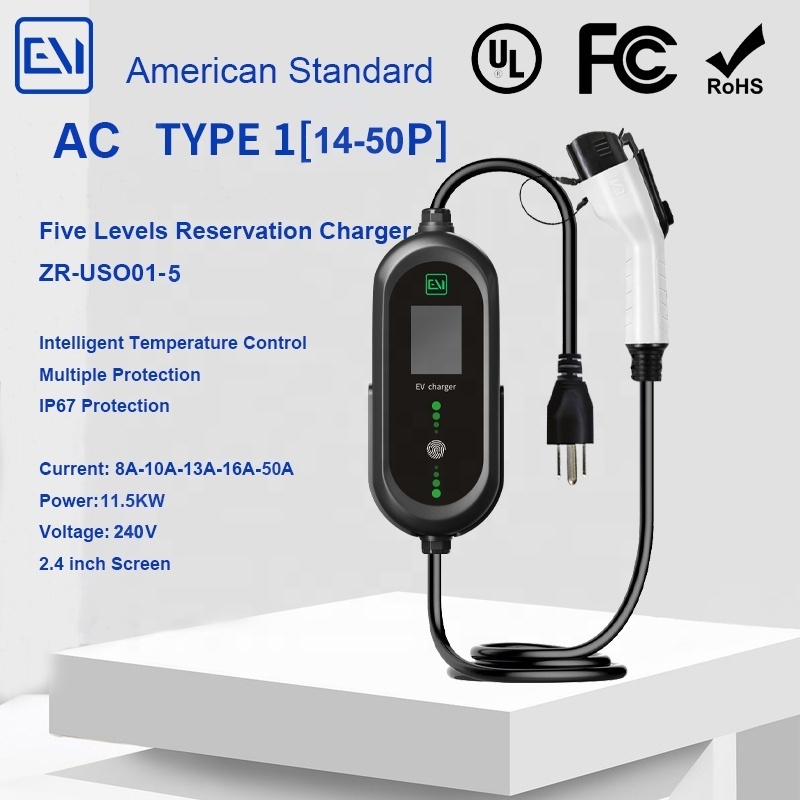 Portable AC Car charger ZR-USO01-5 with 2.4-inch LCD screen display AC240V 9.6KW 8A-10A-13A-16A-50A UL FCC certification