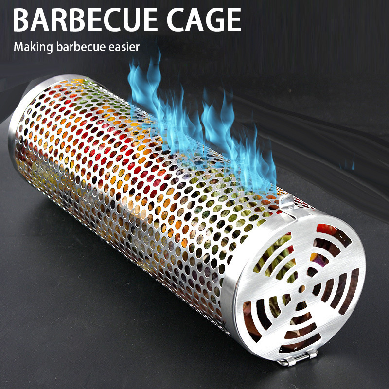 Veggie Grill basket Stainless Steel Large Round Mesh Rotation Barbecue Cylinder Cage Rolling BBQ Grill Basket