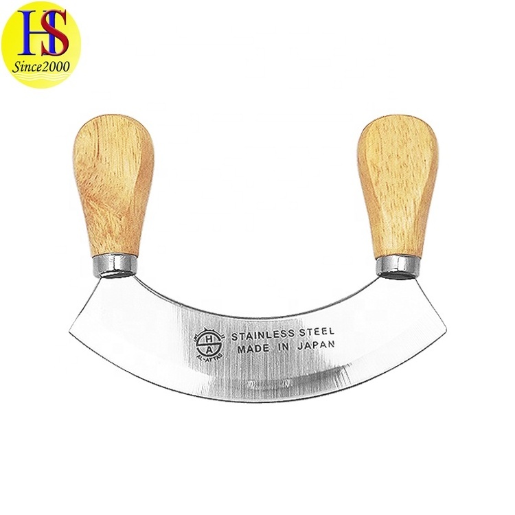 Wooden Handle Sharp Blade Stainless Steel Mezzaluna Food Slicer Herb Chopper