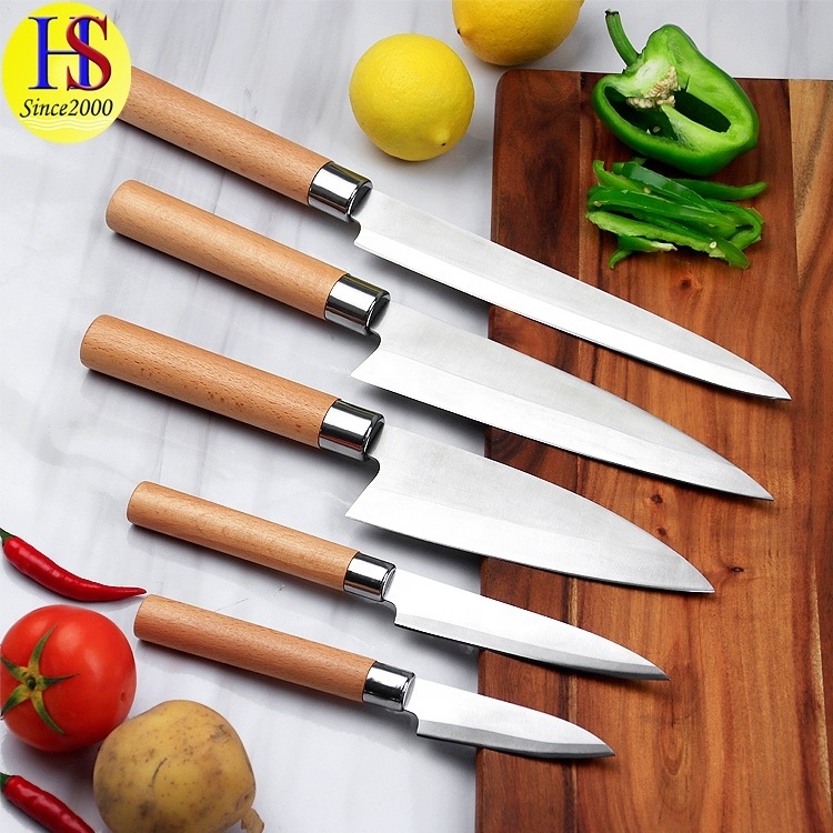 Professional 6PCS Stainless Steel Japanese Kitchen Chef Knife Set with Salmon Sushimi Sushi Bamboo Block