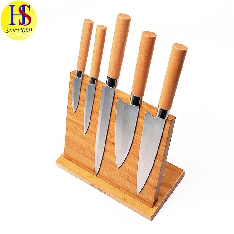 Professional 6PCS Stainless Steel Japanese Kitchen Chef Knife Set with Salmon Sushimi Sushi Bamboo Block