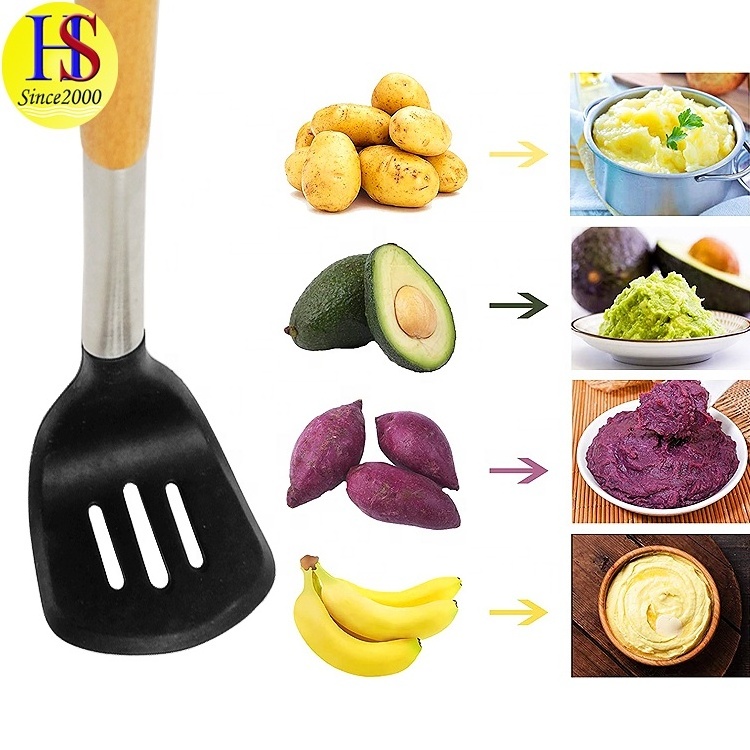 Heat Resistant Kitchen Manual Silicone Potato Ricer Masher with Stainless Wooden Handle