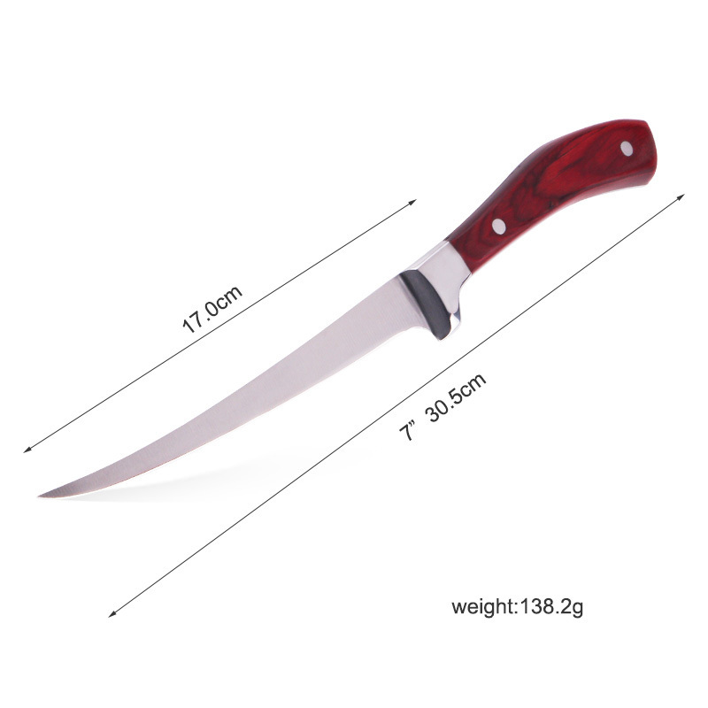 German Stainless Steel Boning Kitchen Knife Fillet Knife Fish Knives with Red coloured wood Wood Handle