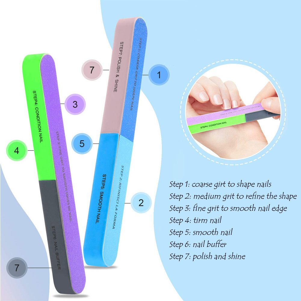 7 Way Nail File and Buffer Block Nail Buffering Files 7 Steps Washable Emery Boards Professional Manicure Tools