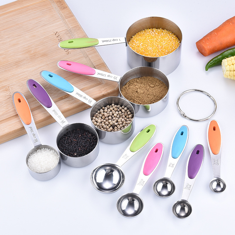 Silicone Handle Measuring Cup 10 Pieces Colorful Stainless Steel Handle Measuring Cup Spoon