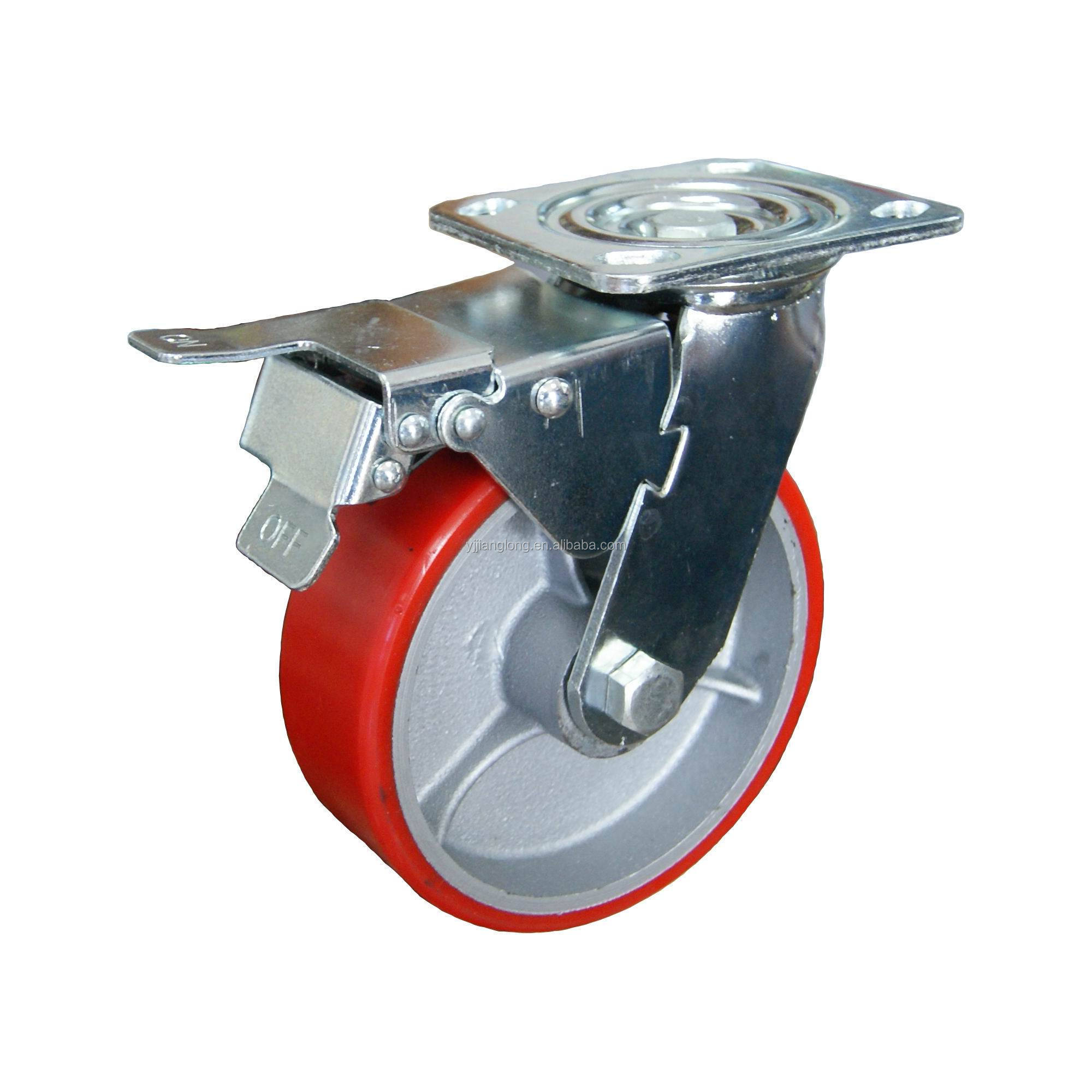 5 inch- Heavy Duty Top Lock Brake Caster Wheels with Polyurethane Tread Cast Iron Wheels for Dollies, Waste Disposal Trucks