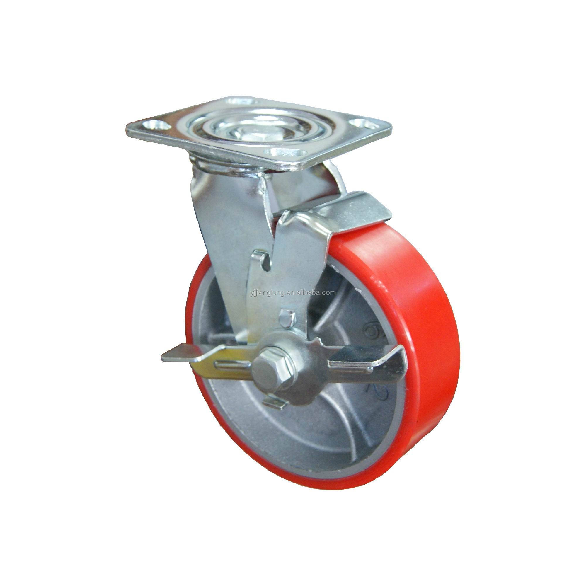 5 inch- Heavy Duty Top Lock Brake Caster Wheels with Polyurethane Tread Cast Iron Wheels for Dollies, Waste Disposal Trucks