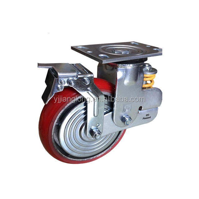 5 Inch Heavy Duty Spring Shock Absorbing PU Caster Wheels with Roller Bearing