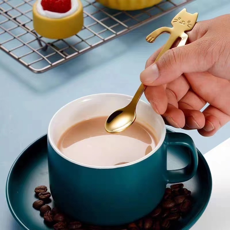 304 Stainless Steel Coffee Spoon Ice Cream Mini Spoons  Lovely Cute Cat Shape Teaspoon Dessert Snack Scoop