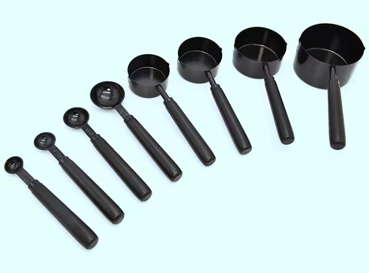 8PCS Set Stainless Steel Kitchen Baking Tools wooden Handle Tea coffee Measuring Cups & Spoon