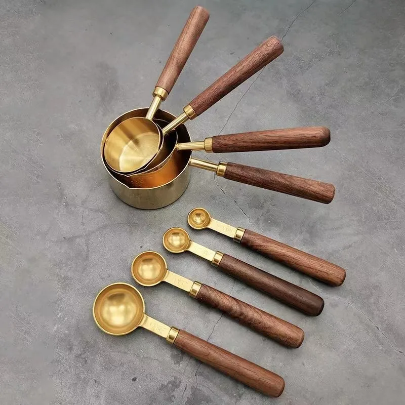 8PCS Set Stainless Steel Kitchen Baking Tools wooden Handle Tea coffee Measuring Cups & Spoon