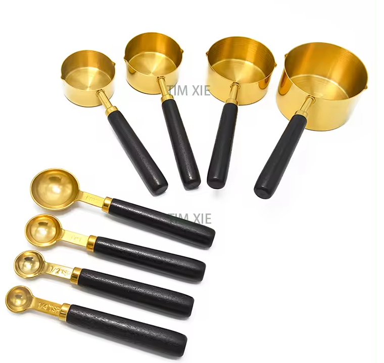 8PCS Set Stainless Steel Kitchen Baking Tools wooden Handle Tea coffee Measuring Cups & Spoon