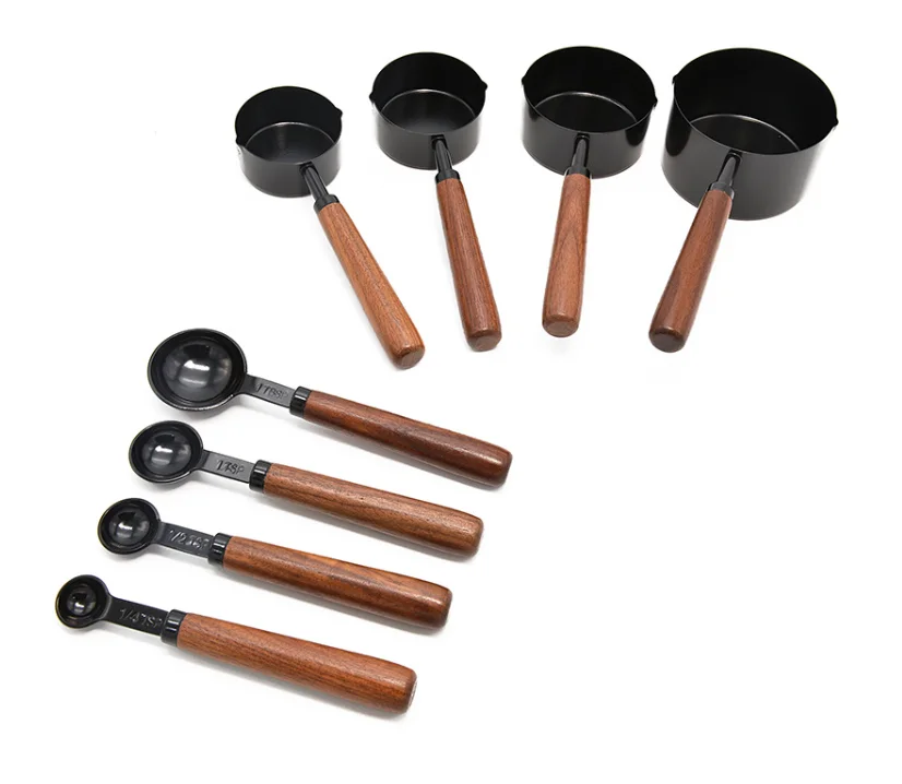 8PCS Set Stainless Steel Kitchen Baking Tools wooden Handle Tea coffee Measuring Cups & Spoon