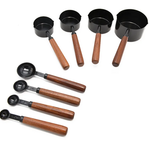 8PCS Set Stainless Steel Kitchen Baking Tools wooden Handle Tea coffee Measuring Cups & Spoon