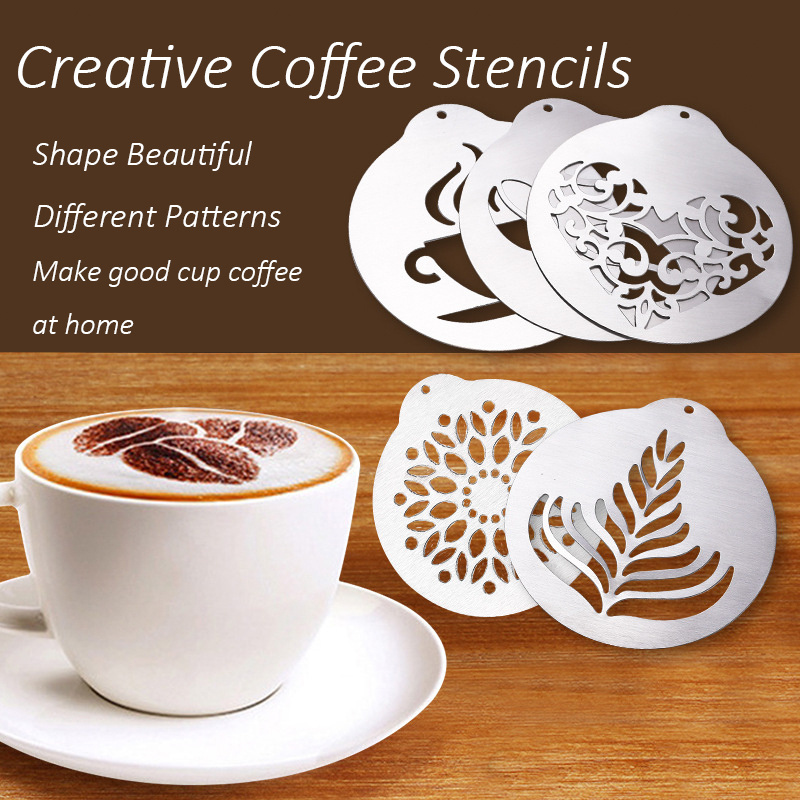 Stainless Steel Coffee Stencils DIY 5PCS a Set Printing Tools Flowers Templates For Different Patterns Milk Frothing Pitcher