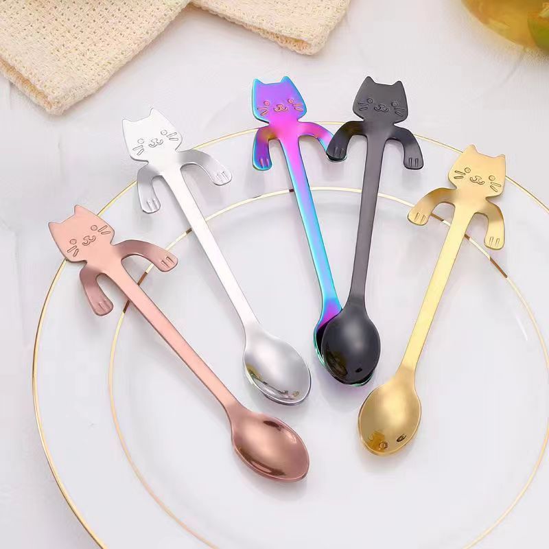 304 Stainless Steel Coffee Spoon Ice Cream Mini Spoons  Lovely Cute Cat Shape Teaspoon Dessert Snack Scoop