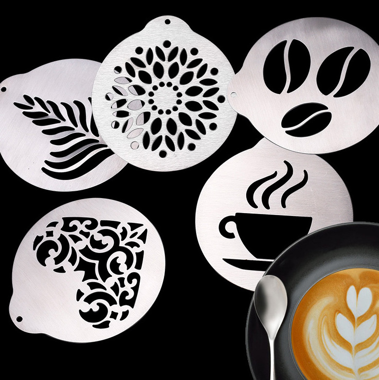 Stainless Steel Coffee Stencils DIY 5PCS a Set Printing Tools Flowers Templates For Different Patterns Milk Frothing Pitcher