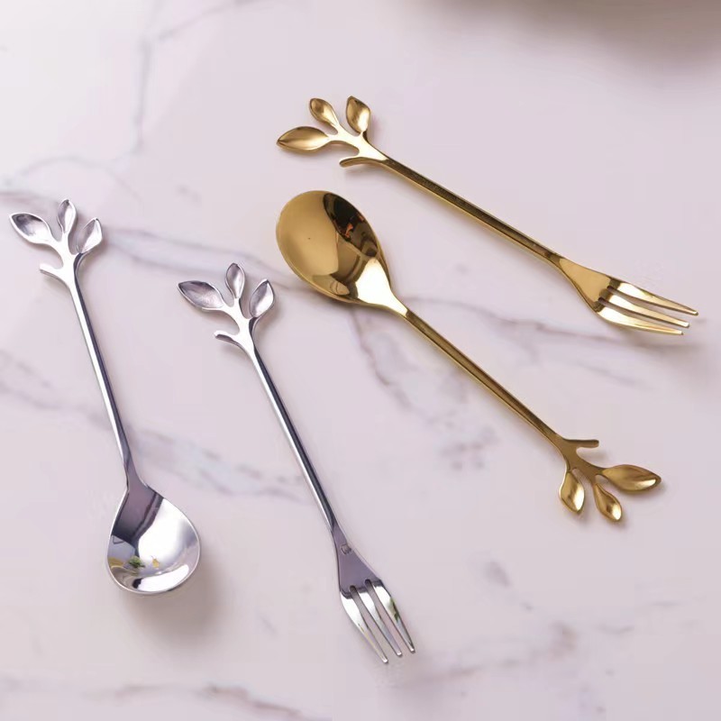 Creative Household Petal Dessert Fruit Spoon and Fork Gift Stainless Steel Leaf Mini Coffee Spoon Fruit Spoon for Ice Cream Cake