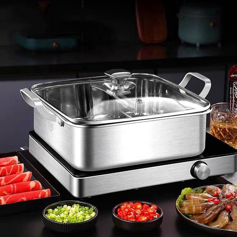 Stainless steel 304 Spicy Soup Vegetable shabu Hot Pot Square Large Capacity Stainless Steel Stock Pots