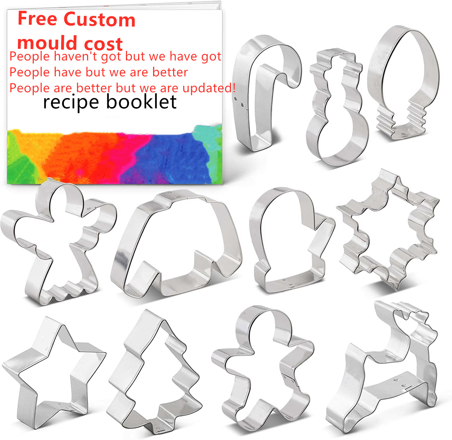 LFGB standard stainless steel Christmas cookie cutter set with recipe booklet