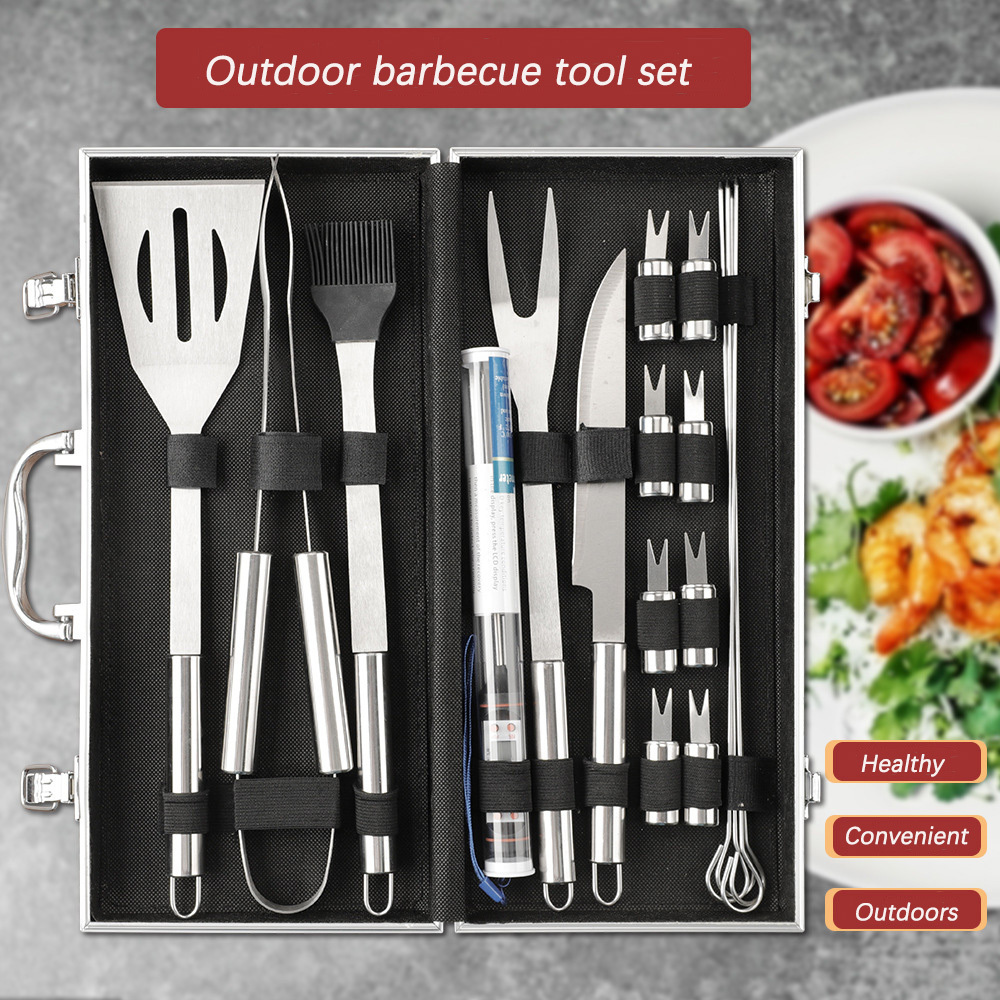 Popular bbq barbecue tools 19 pieces grill set outdoor aluminum box barbecue set picnic tools