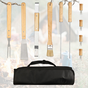 BBQ Barbecue Tool Set Outdoor Barbecue Tool Grill Accessories Wooden handle Stainless Steel Grill Set of 10 pieces