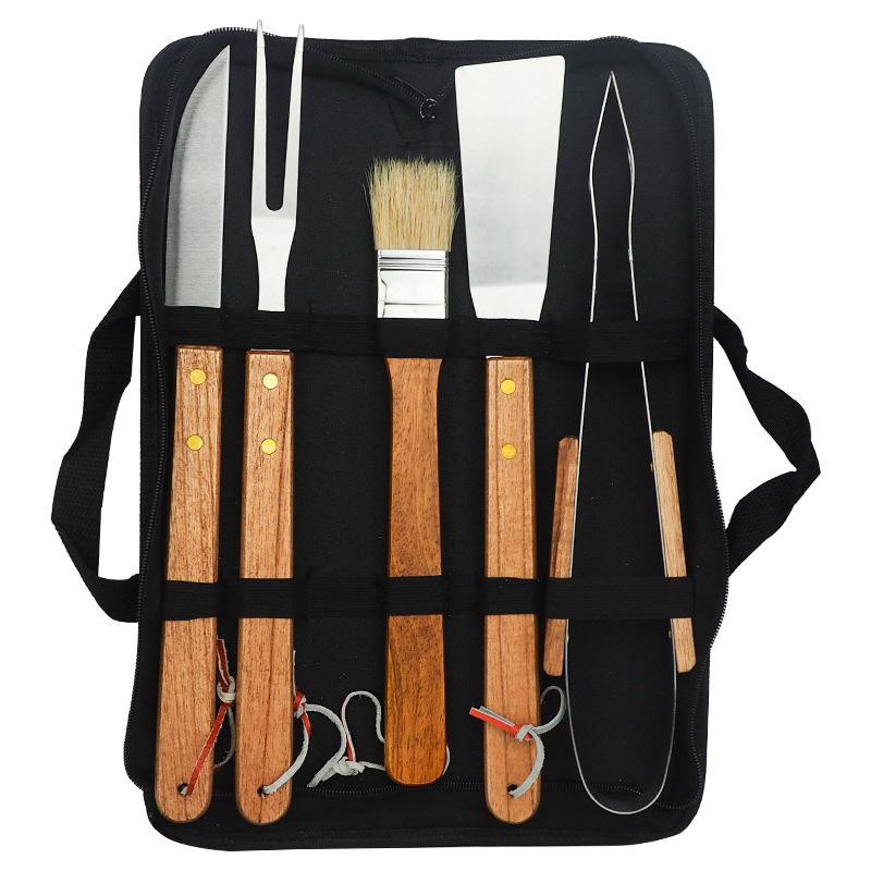 Outdoor BBQ Tool with Wooden handle Stainless Steel Grill 6-piece set Oxford Cloth bag Household BBQ Barbecue Tool set