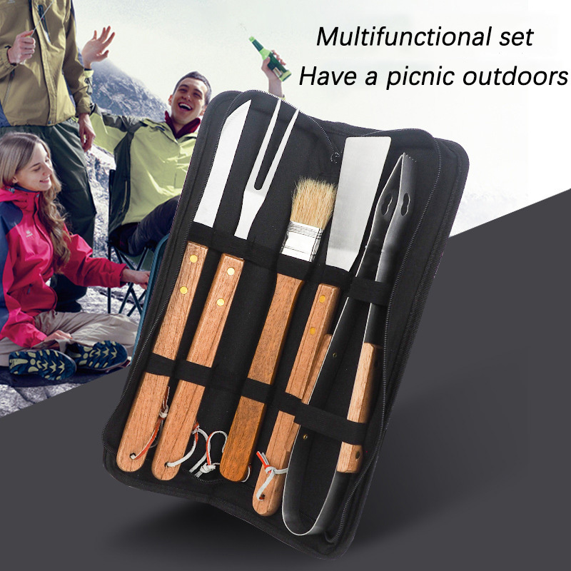 Outdoor BBQ Tool with Wooden handle Stainless Steel Grill 6-piece set Oxford Cloth bag Household BBQ Barbecue Tool set