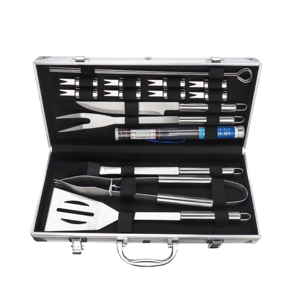 Popular bbq barbecue tools 19 pieces grill set outdoor aluminum box barbecue set picnic tools