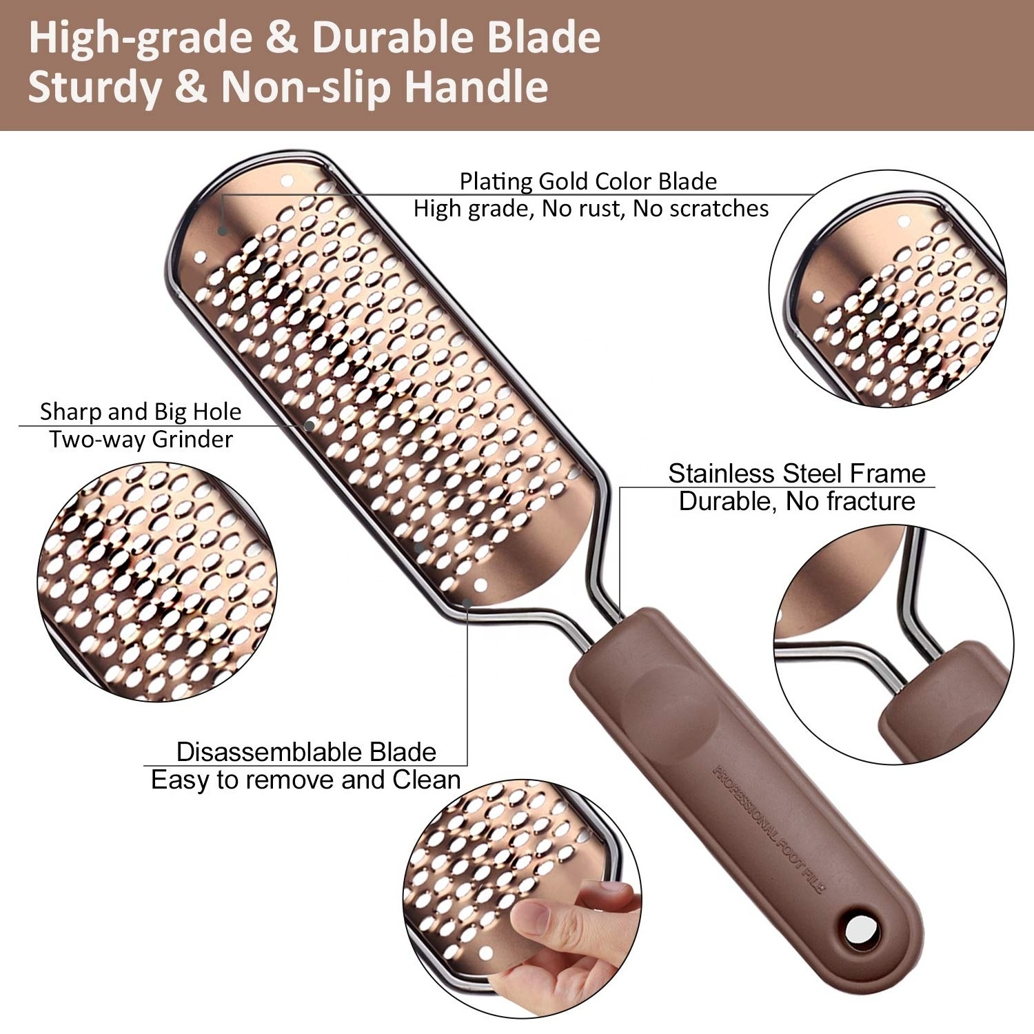 Gold Stainless steel Pedicure Foot File Callus Remover with Replaceable Blade