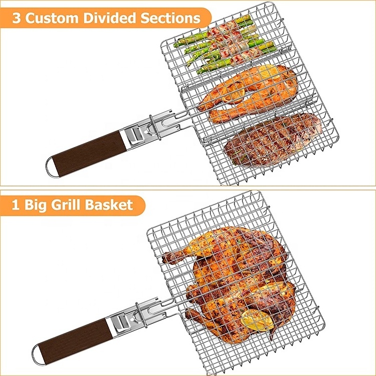 Non Stick Bbq Basket Net Grill Barbecue Holder Wired Disposable Metal Clip Bbq Wire Mesh  Grill Rack With Wooden Handle