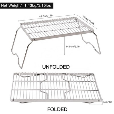 Portable Folding Grill Campfire Bbq Open Grate Wire Mesh Net Over Fire Pit Standing Grill Rack