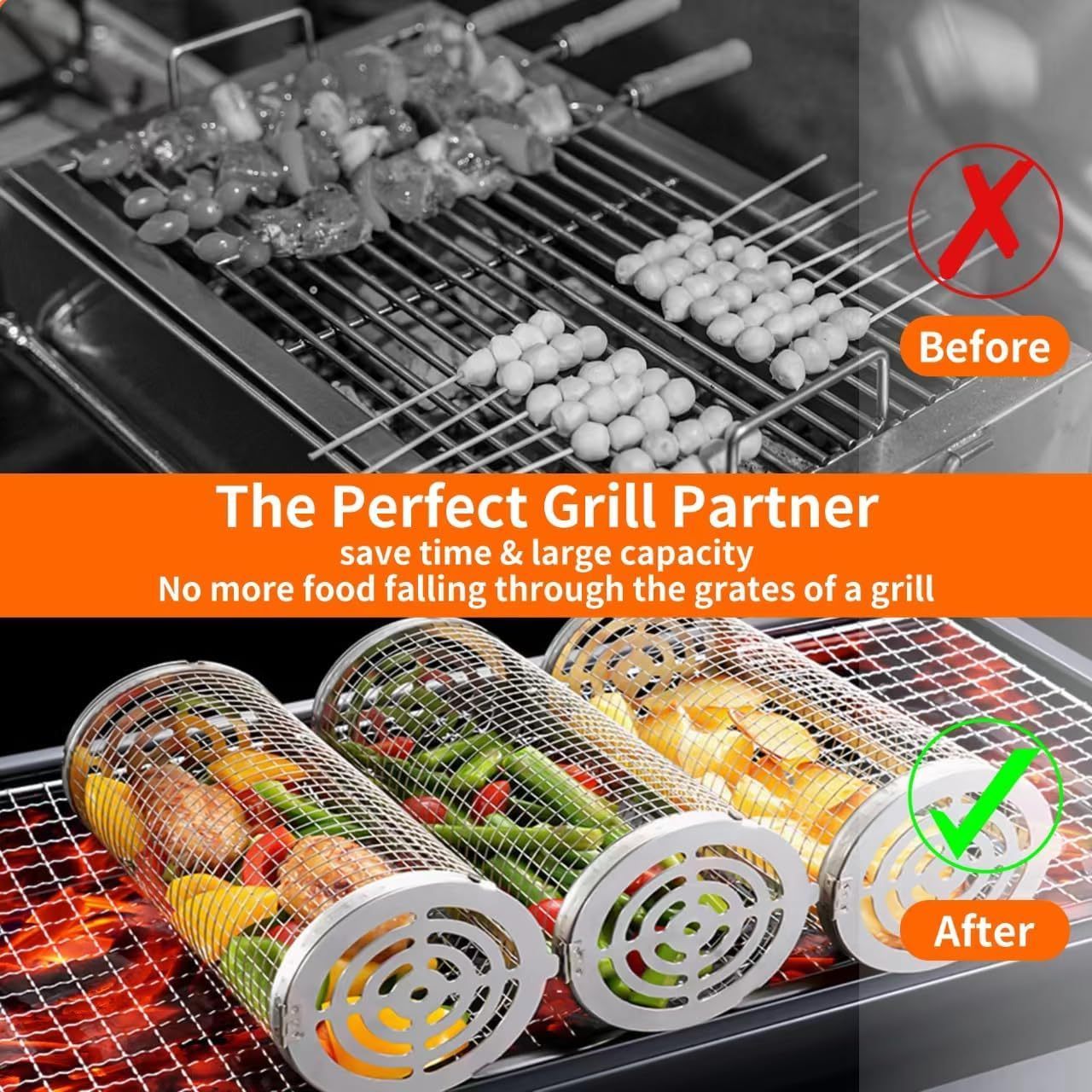 Barbecue Grill Basket Outdoor Bbq Cage Stainless Steel Brush Tools Suit Rolling Portable Baskets For Outdoor Grill For Food