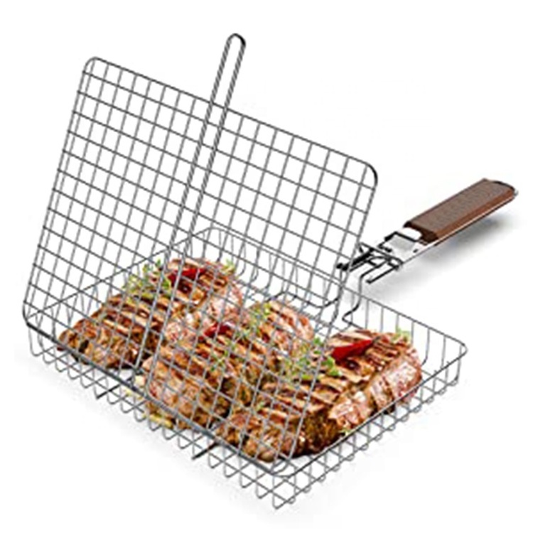 Non Stick Bbq Basket Net Grill Barbecue Holder Wired Disposable Metal Clip Bbq Wire Mesh  Grill Rack With Wooden Handle