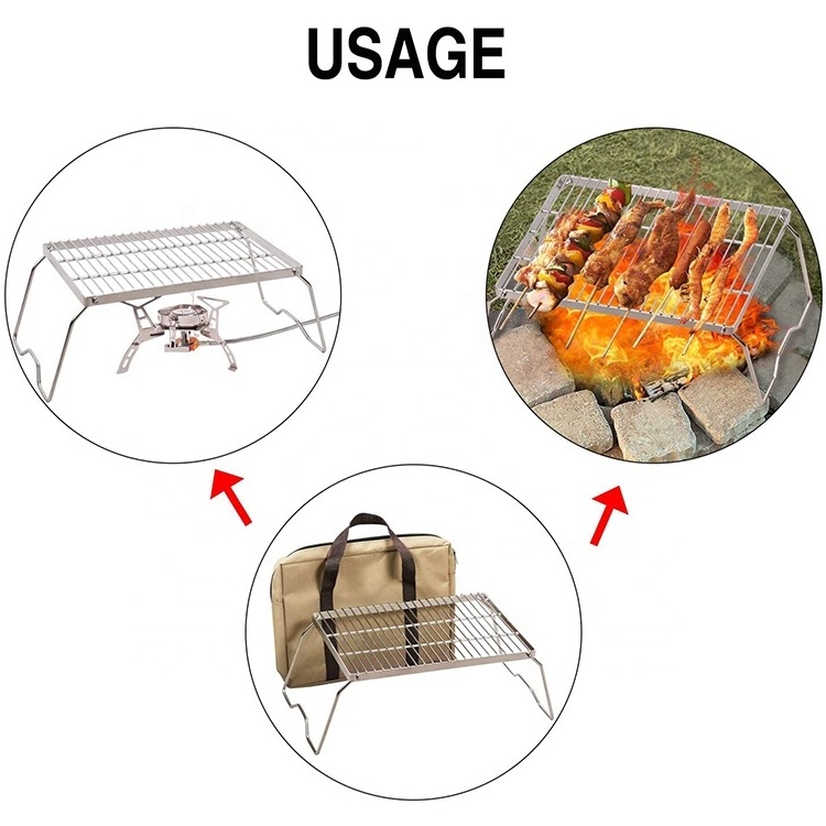 Portable Folding Grill Campfire Bbq Open Grate Wire Mesh Net Over Fire Pit Standing Grill Rack