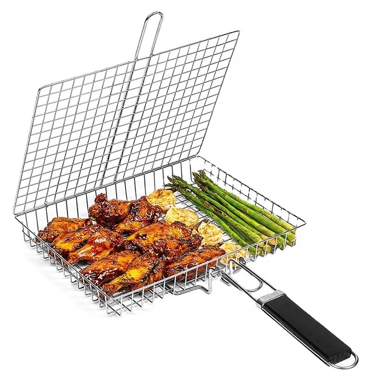 Non Stick Grill Basket Rack Folding Fish Vegetables Shrimp Wire Mesh Stainless Steel Baking Bbq Grill Basket Rotisserie Cage