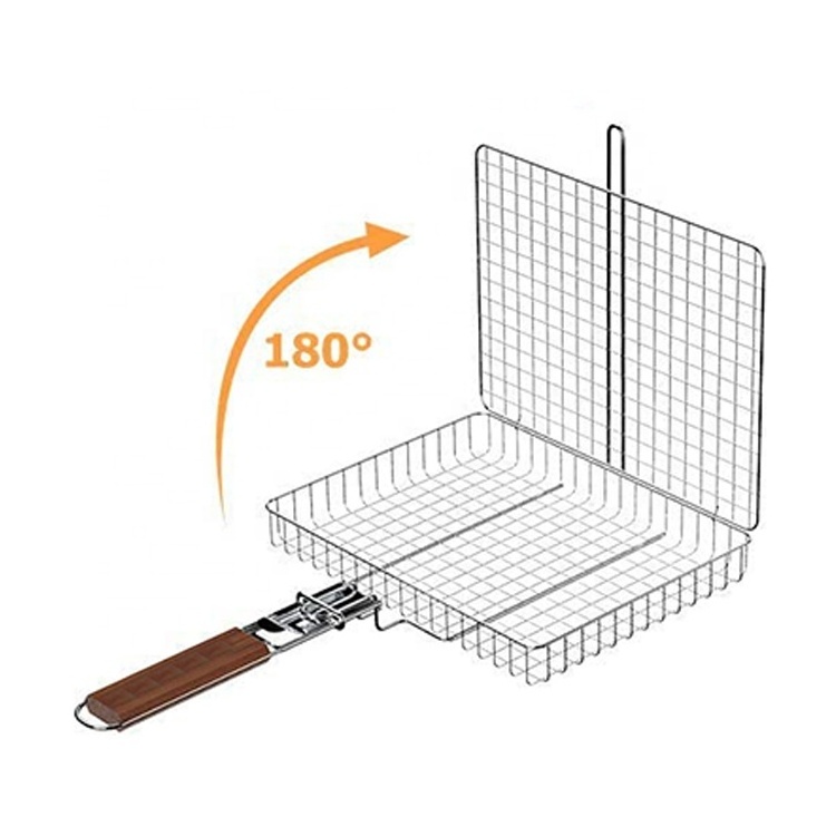 Non Stick Bbq Basket Net Grill Barbecue Holder Wired Disposable Metal Clip Bbq Wire Mesh  Grill Rack With Wooden Handle