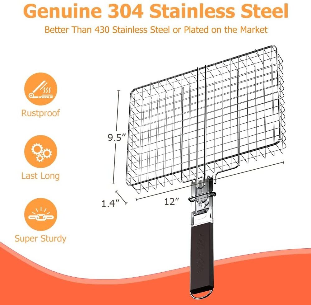 Non Stick Bbq Basket Net Grill Barbecue Holder Wired Disposable Metal Clip Bbq Wire Mesh  Grill Rack With Wooden Handle