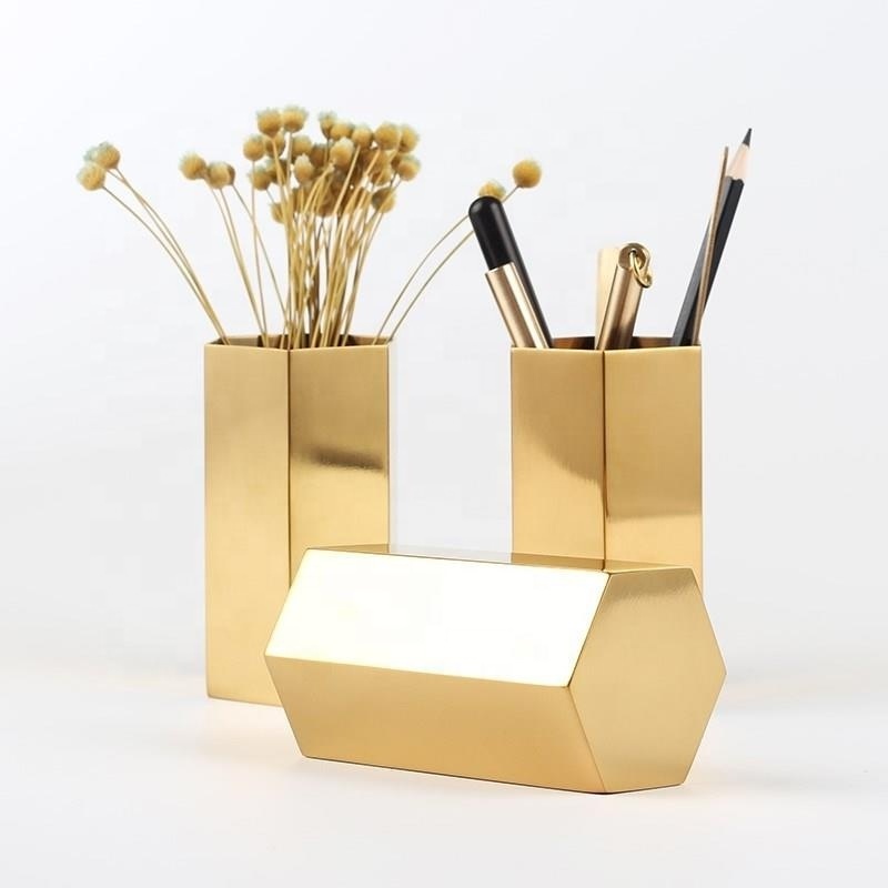 OEM 551-6 Luxury Hexagon Stainless Steel Gold Pen Holder for Desk Organizers Multi Purpose Use Pencil Pot