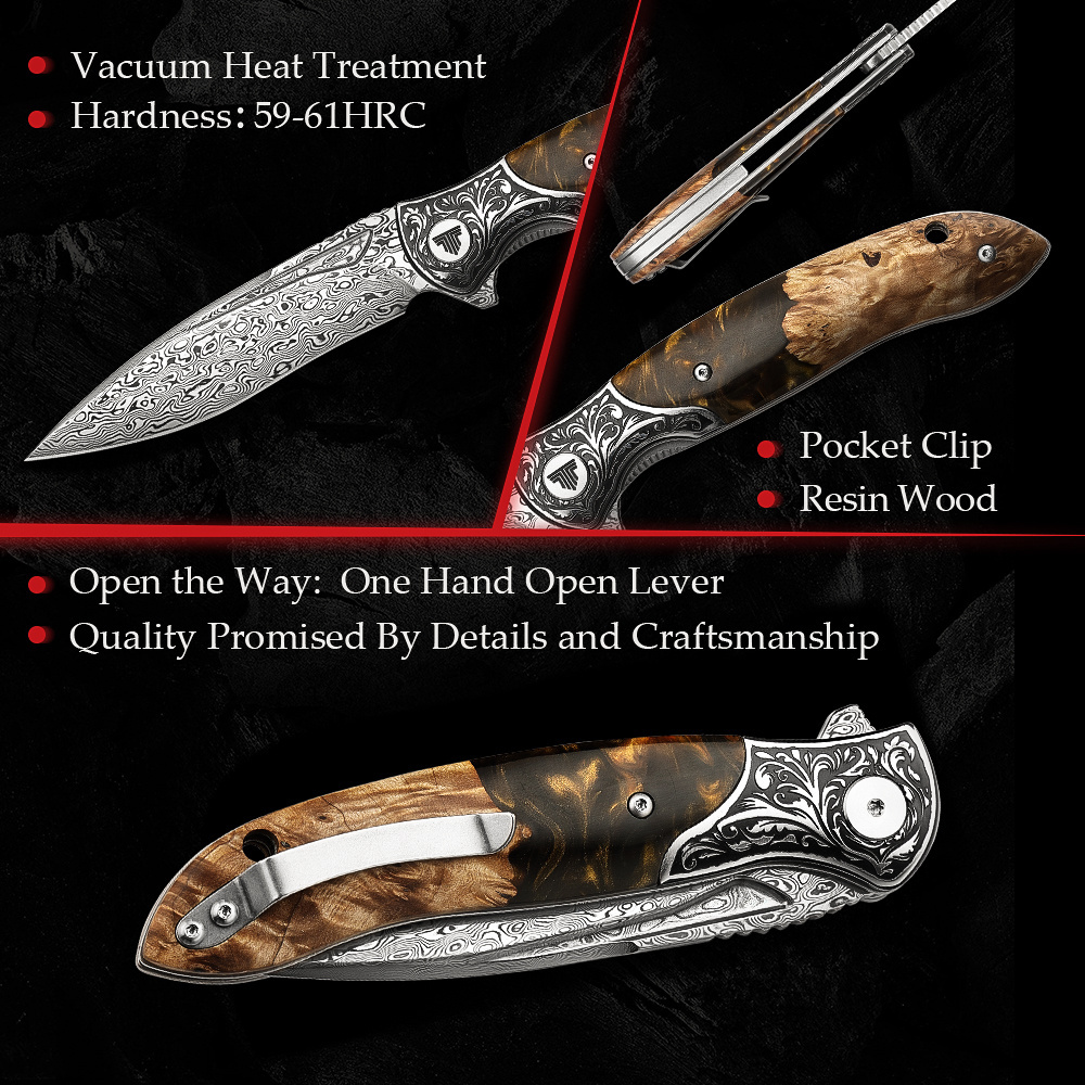 TRIVISA Damascus Steel Blade Resin and Wood Handle Tactical Folding Knife Camping Survival EDC Hunting Pocket Knife