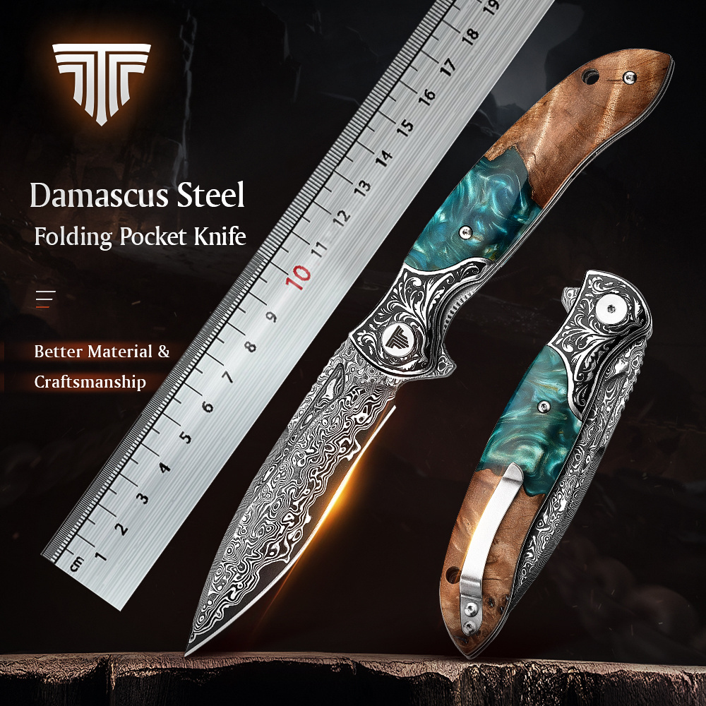 Premium Handmade Forged Damascus Folding Hunting Knife With Clip Pocket Camping Knife Gift for Men