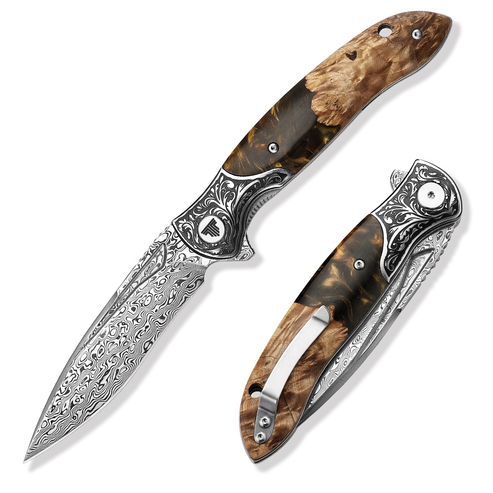 TRIVISA Damascus Steel Blade Resin and Wood Handle Tactical Folding Knife Camping Survival EDC Hunting Pocket Knife