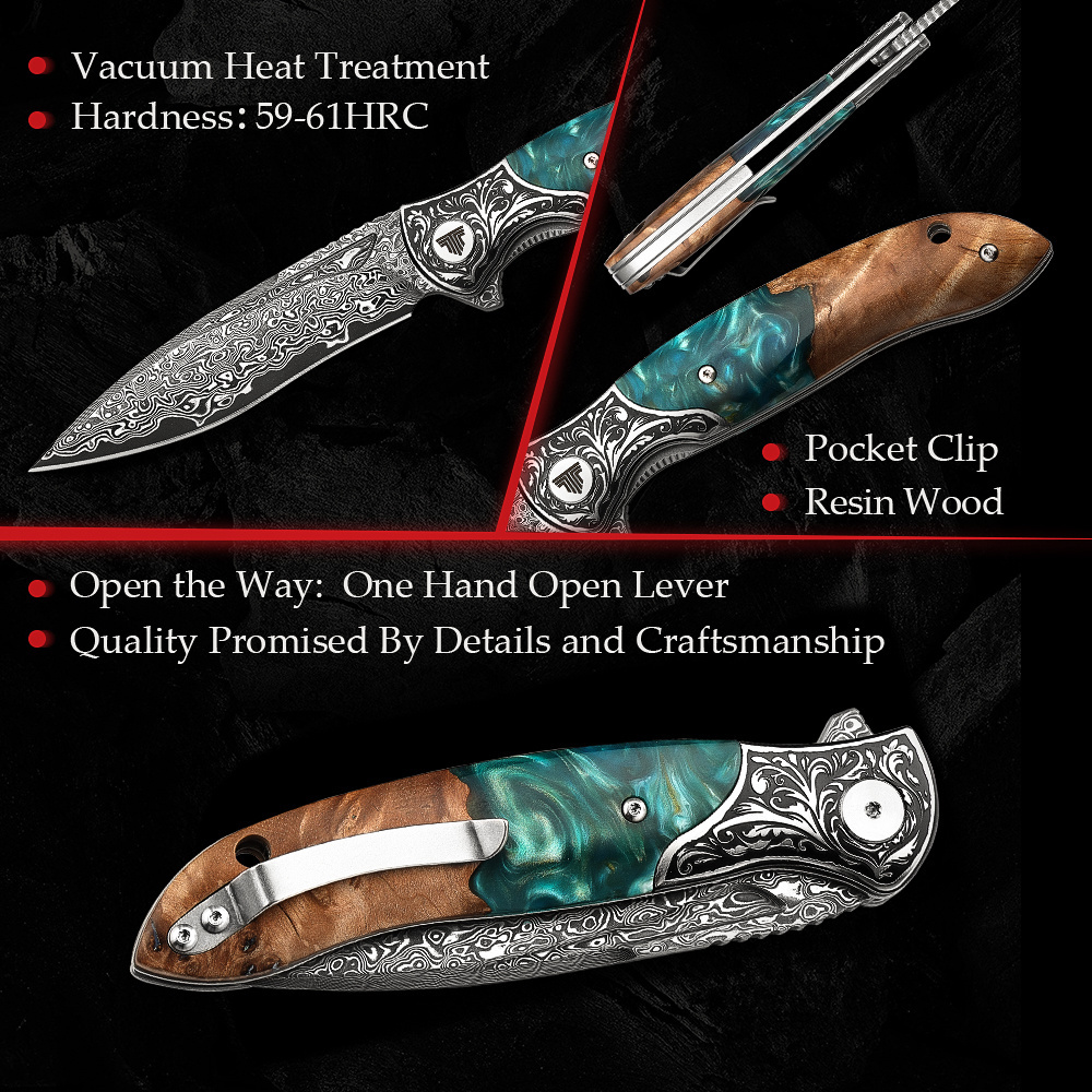 Premium Handmade Forged Damascus Folding Hunting Knife With Clip Pocket Camping Knife Gift for Men