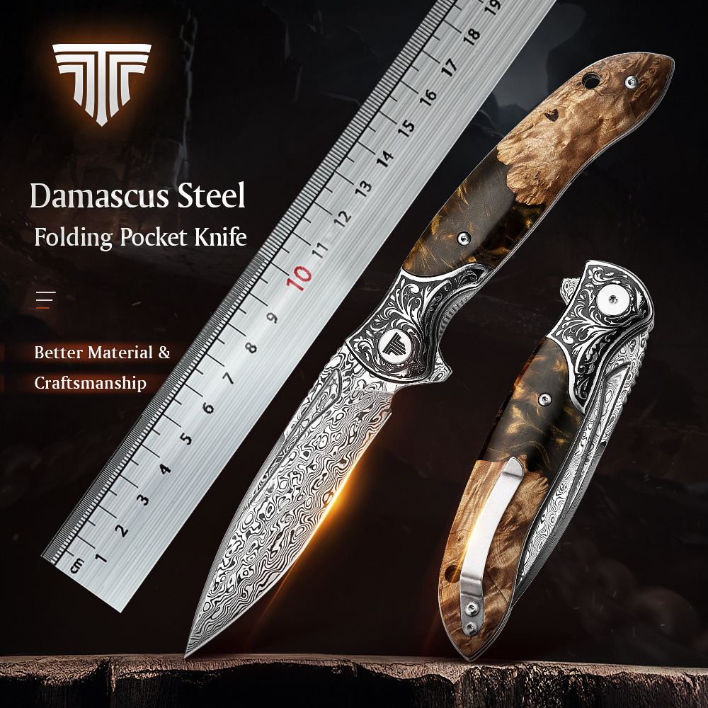 TRIVISA Damascus Steel Blade Resin and Wood Handle Tactical Folding Knife Camping Survival EDC Hunting Pocket Knife