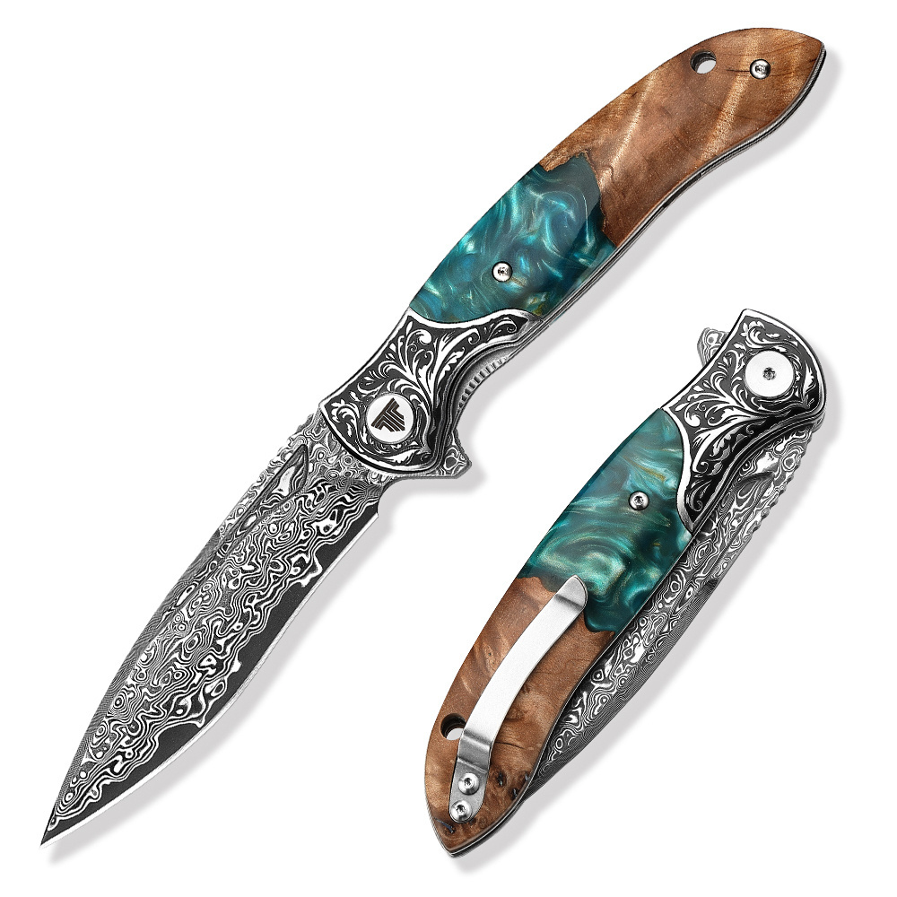 Premium Handmade Forged Damascus Folding Hunting Knife With Clip Pocket Camping Knife Gift for Men