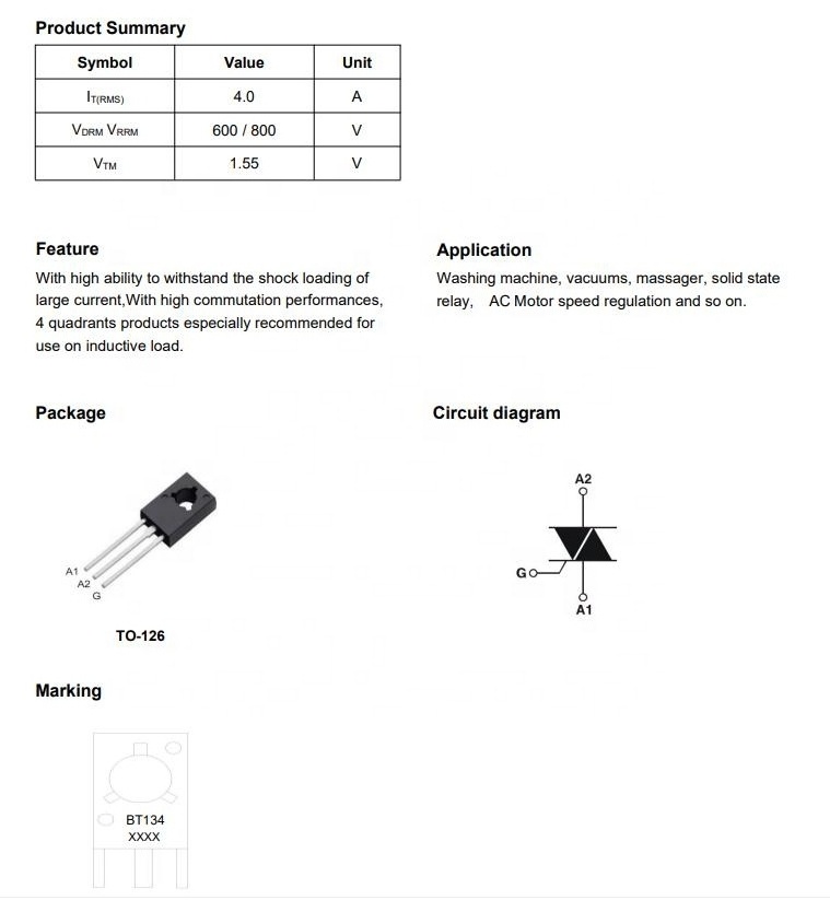 YJR BT134-600E New Original TRIAC SENS GATE 600V 4A TO126 Transistor BT134 BT134-600E