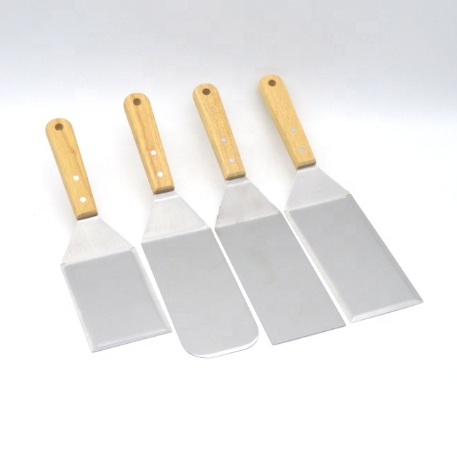 Stainless Steel Grill Accessories Camping Scraper Griddle Spatula Set with Wood Handle